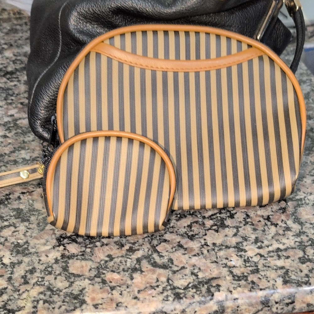 Striped Black and Tan Cosmetics Bag Set With Removable Wristlet And Small Pouch